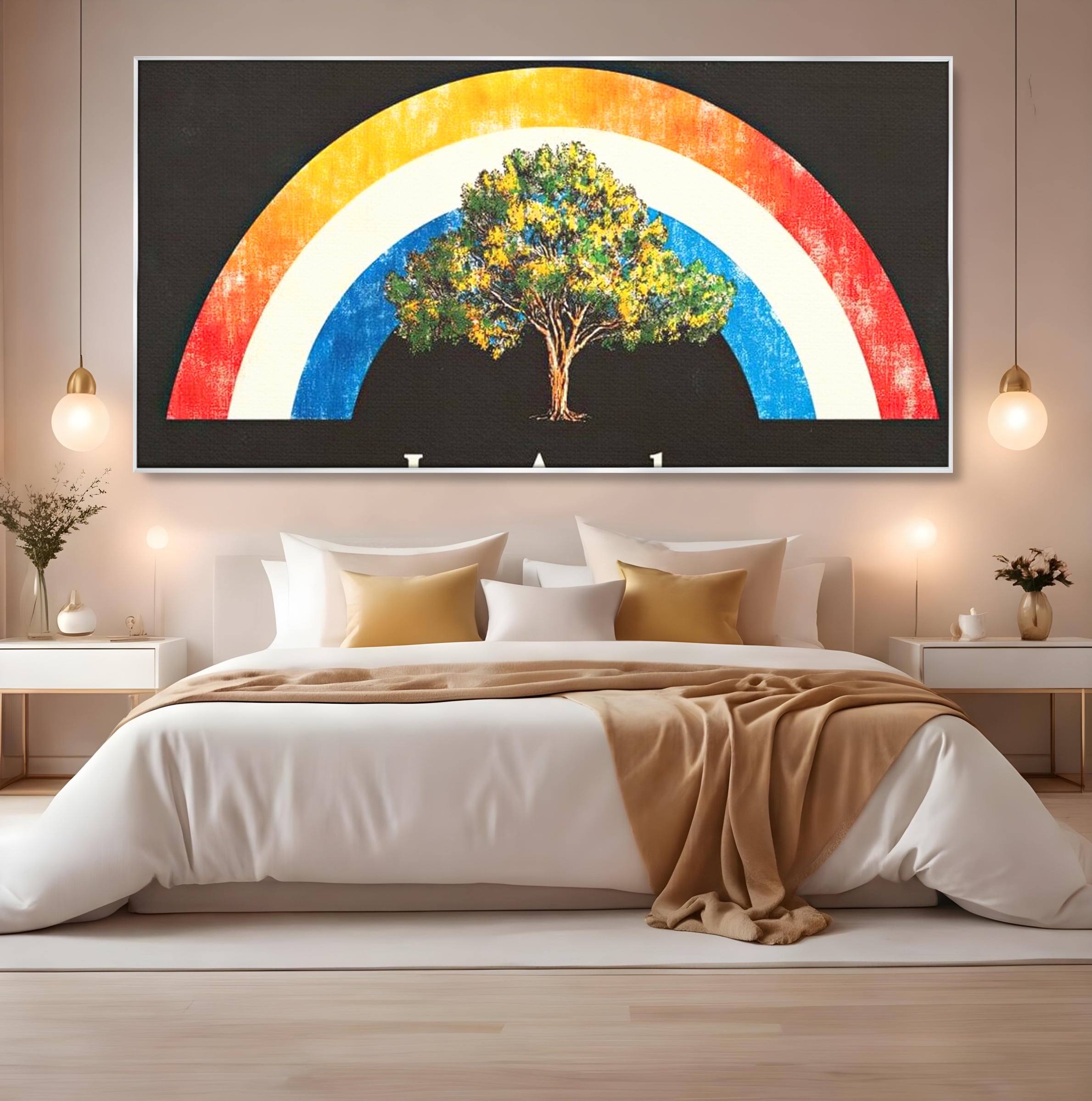 Tablou canvas cu tablou canvas cu curcubeu si copac, in rama de aluminiu argintiu, pe perete intr-un dormitor